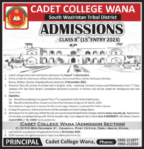 Cadet College Wana (CCW) Result 2023 Successful Candidates