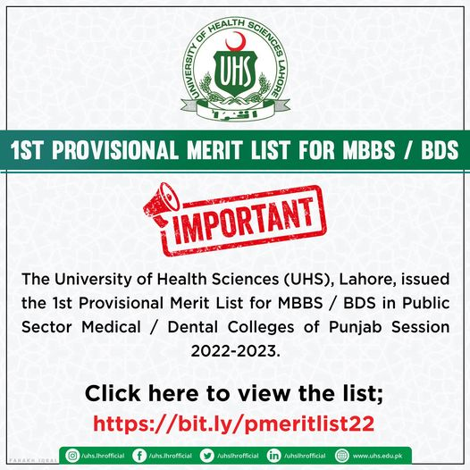 UHS MBBS/BDS Merit List 2022 - 23 Provisional 