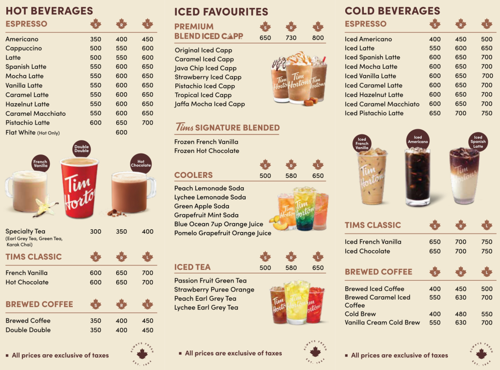 Prices, Menu of Tim Hortons in Pakistan Lahore Phase 6 Location